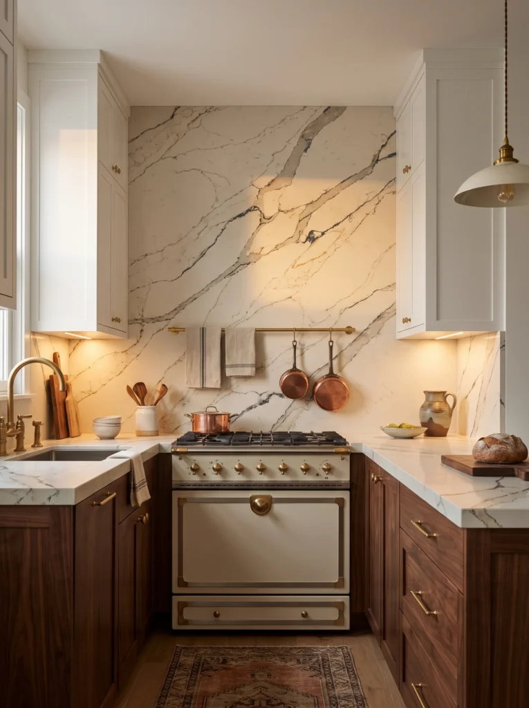 A dramatic marble slab backsplash runs floor to ceiling behind a cream range, flanked by walnut lower cabinets and hanging copper pots
