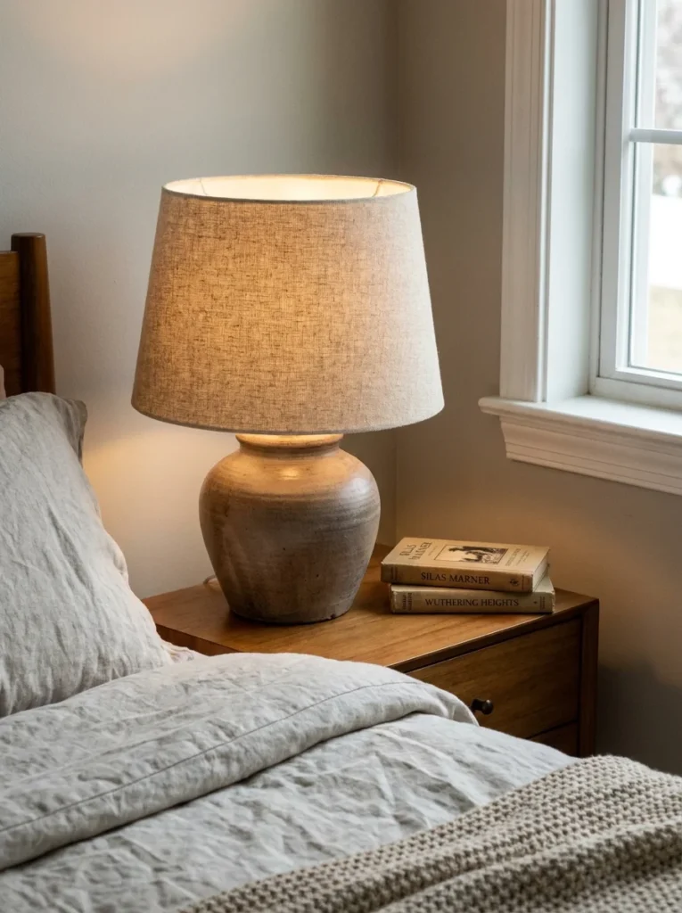 A table lamp with a linen-wrapped lampshade glowing warmly on a wooden nightstand beside a stack of vintage books