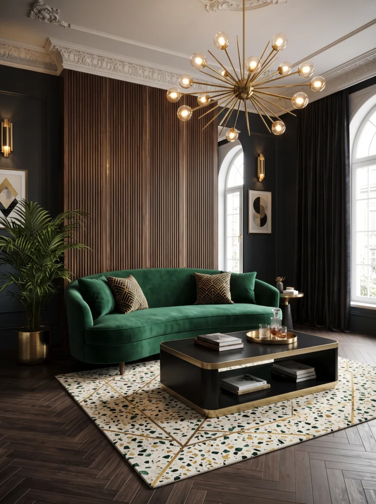 An Art Deco living room with a curved emerald green velvet sofa, gold sputnik chandelier, and terrazzo-pattern rug