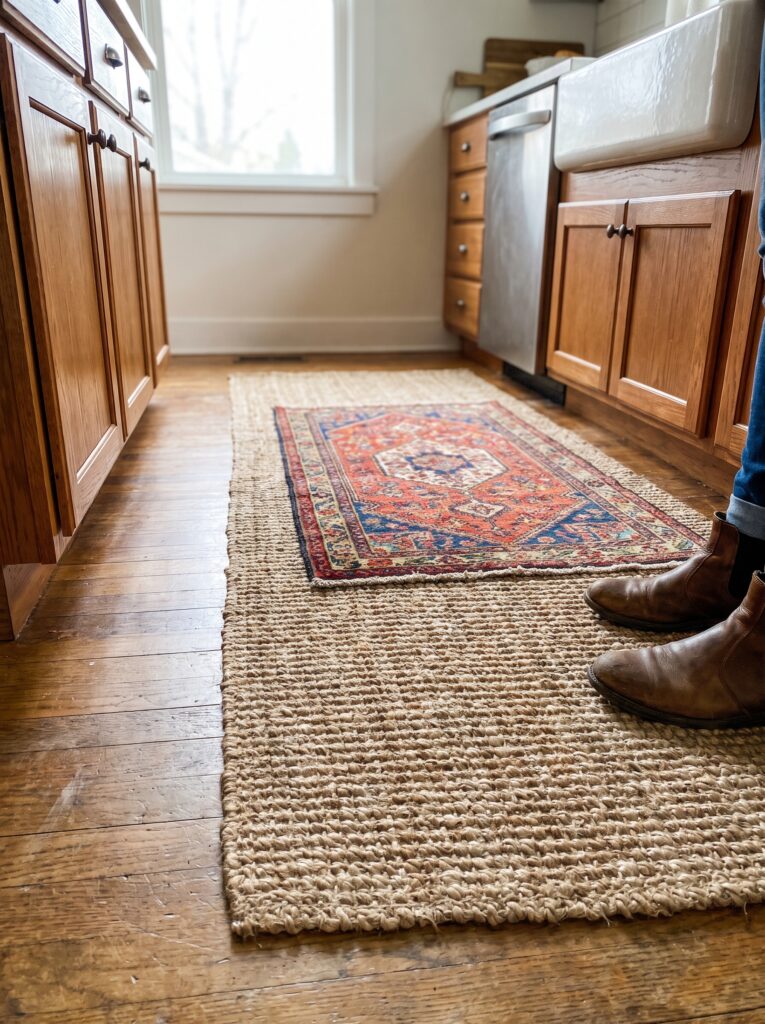 a jute woven runner layered under a smaller vintage medallion-pattern rug in front of a kitchen sink and dishwasher, with wooden cabinetry and hardwood floors