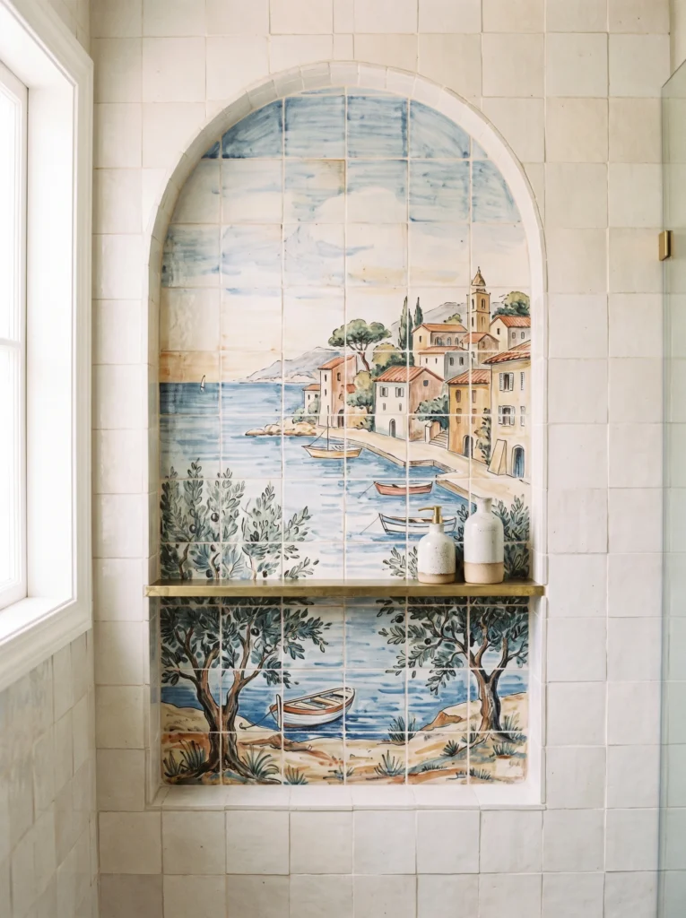 arched hand-painted tile mural of a coastal village scene set into a bathroom shower niche with a brass shelf below
