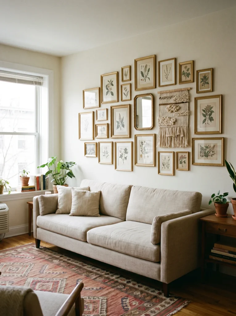 A large asymmetric gallery wall above a beige sofa featuring dozens of small gold-framed botanical prints, a round mirror, and a woven fringed wall hanging, in a living room with a vintage patterned rug