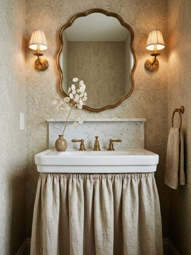Ornate scalloped brass mirror above a pedestal sink with a linen skirt, floral wallpaper, marble backsplash, and pleated wall sconces on either side