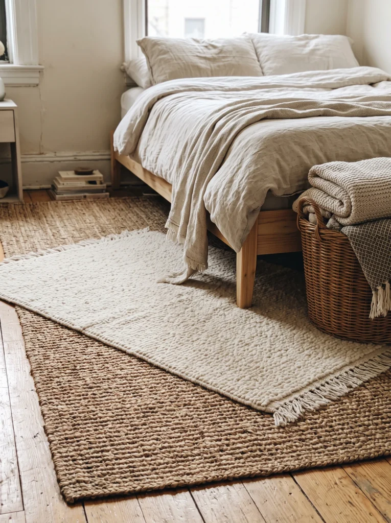 Small bedroom floor styled with a jute rug layered under a smaller cream woven wool rug, next to a low wooden bed frame, with a woven basket of folded blankets nearby
