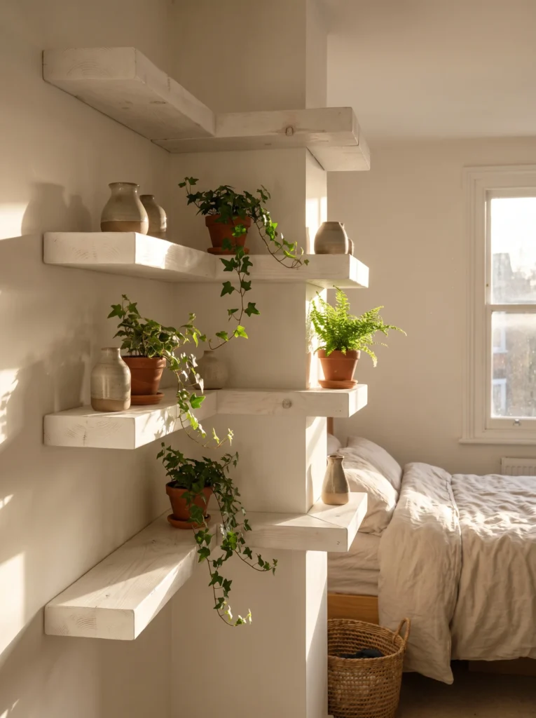White floating corner shelves mounted at staggered heights, holding small ceramic vases and trailing ivy plants, beside a neatly made bed near a window