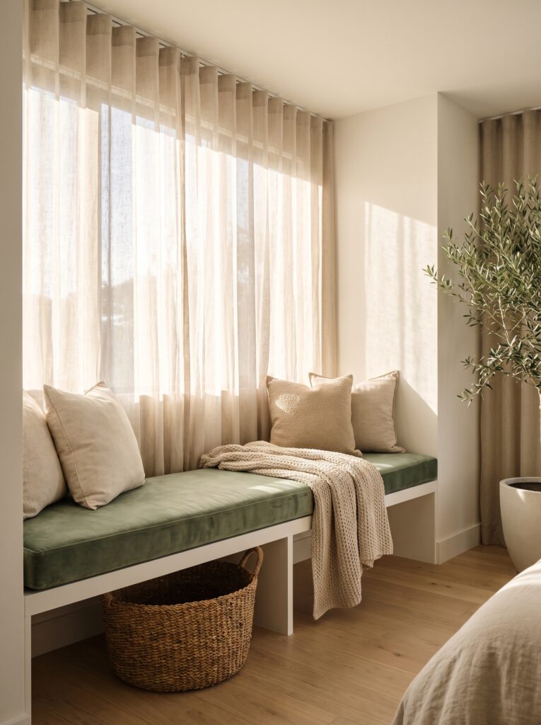 A sunlit bedroom nook with a built-in sage green velvet bench seat below sheer curtains, styled with cream pillows and a knit throw, with a woven storage basket tucked underneath