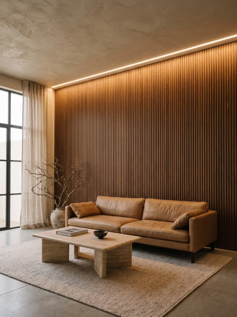 A tan leather sofa against a floor-to-ceiling fluted wood slat wall with hidden LED strip lighting