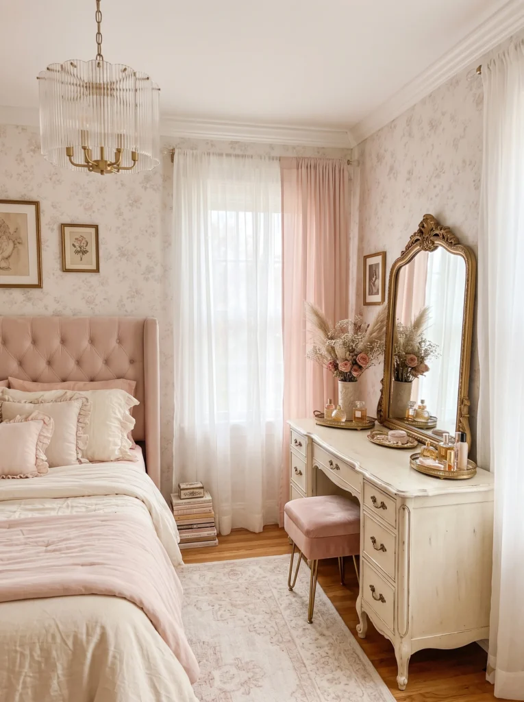 A vintage pink and gold vanity with an ornate mirror, dried flowers, and a floral wallpapered bedroom