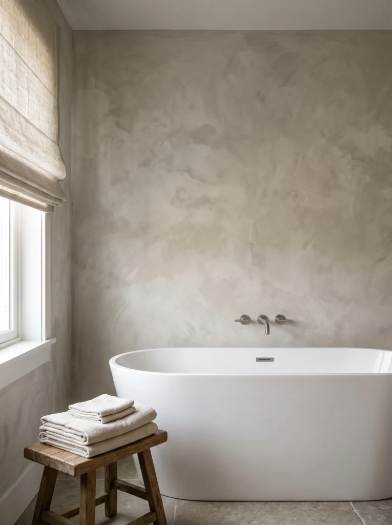 Freestanding tub against a hand-applied lime-wash plaster wall in warm greige, with a linen roman shade and a wood stool holding towels