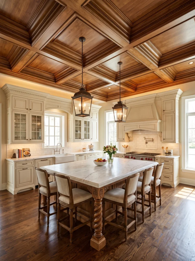 A formal kitchen with a coffered wood ceiling, cream traditional cabinetry, a large marble island with turned wood legs, and lantern-style pendant lights