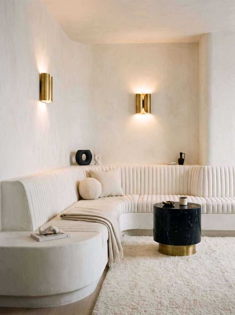  A channel-tufted cream sectional curving around a room, with a round black marble coffee table and brass wall sconces above
