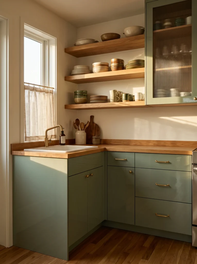 Glossy sage green cabinets pair with floating oak shelves and a fluted glass upper cabinet door in a small corner kitchen