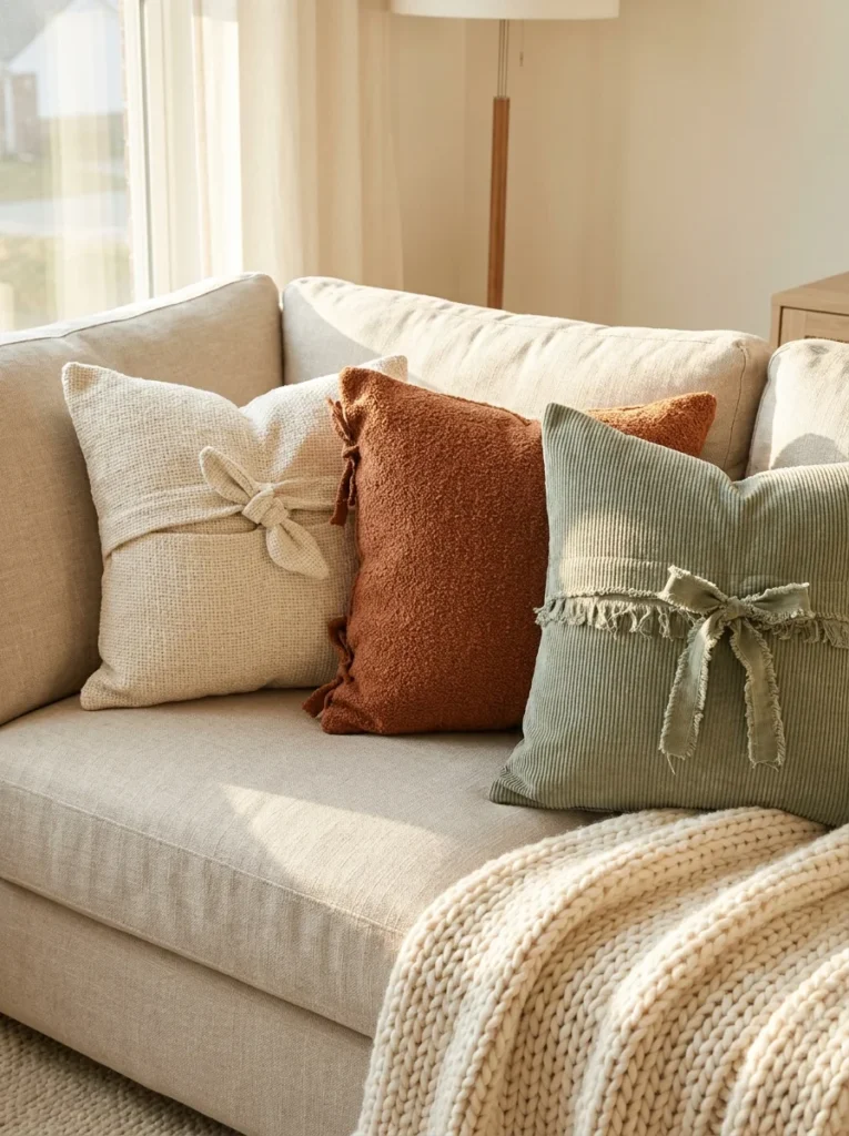 A neutral linen sofa styled with three no-sew throw pillow covers in cream, rust, and sage textures, layered with a chunky cream knit throw blanket