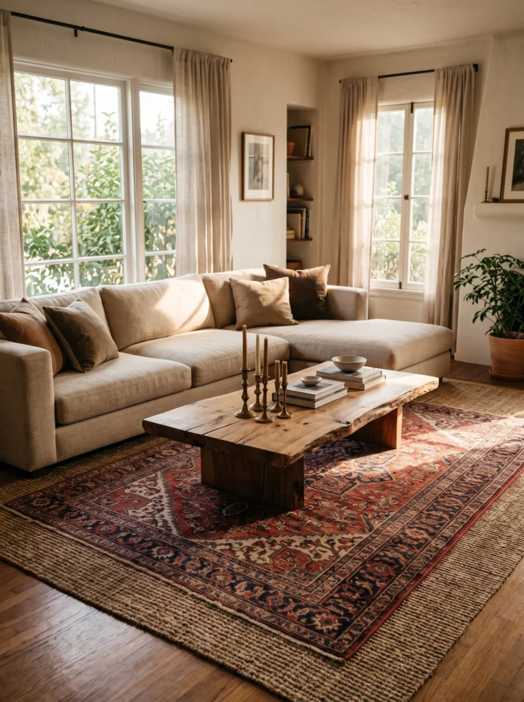 A living room with a beige sectional, a live-edge wood coffee table, and a layered vintage red and navy rug
