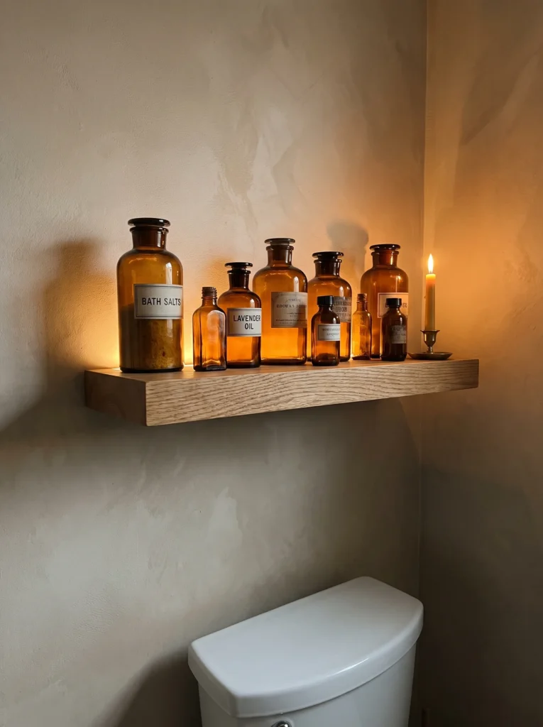 floating oak shelf above a toilet styled with amber glass apothecary bottles labeled bath salts and lavender oil, plus a lit taper candle
