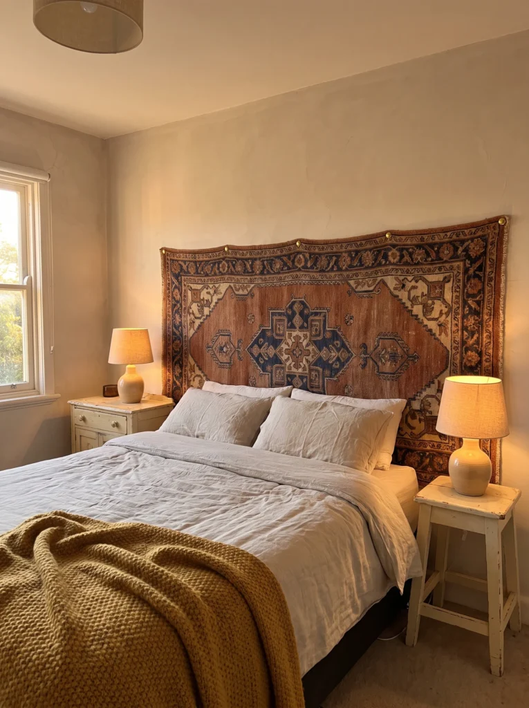  A large vintage patterned rug hung on the wall above a bed with brass upholstery tacks, functioning as a headboard, flanked by mismatched painted nightstands with ceramic lamps