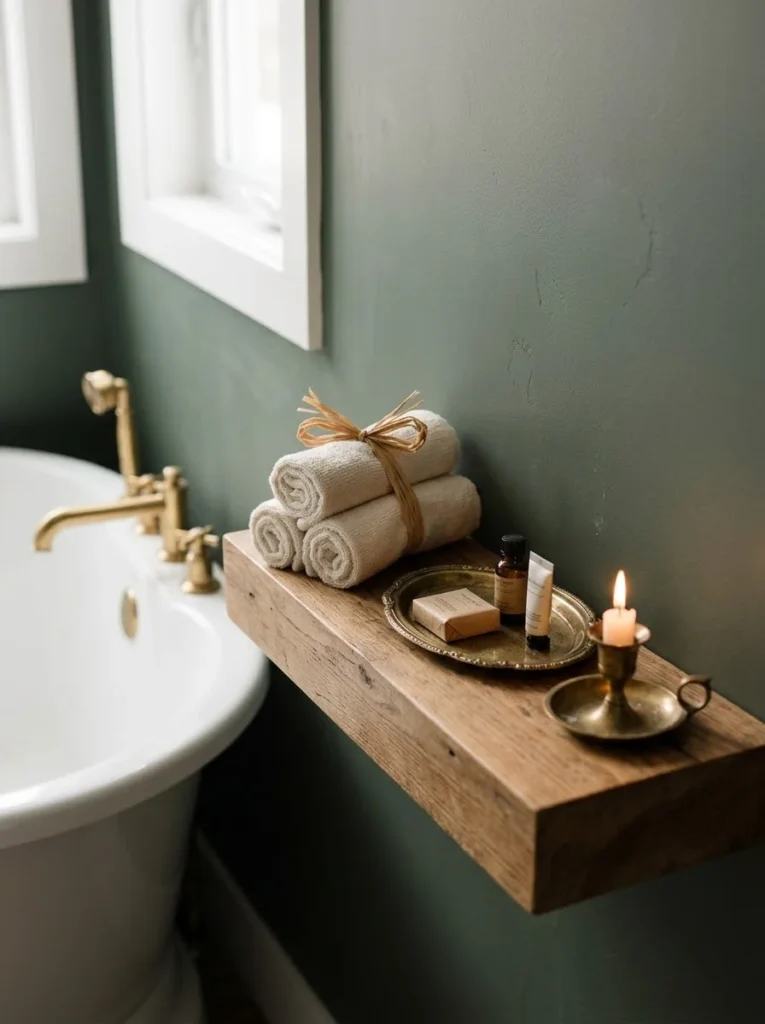 Floating reclaimed wood shelf beside a clawfoot tub against a sage green wall, holding rolled towels tied with raffia, a brass tray of toiletries, and a lit candle in a brass holder