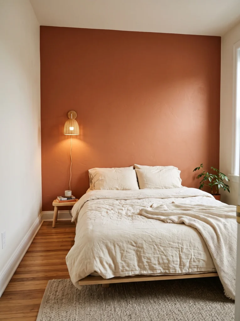 Small bedroom with one wall painted in warm terracotta, a low wood platform bed with cream linens, a woven wall sconce, a small wooden side table, and a potted plant near the window