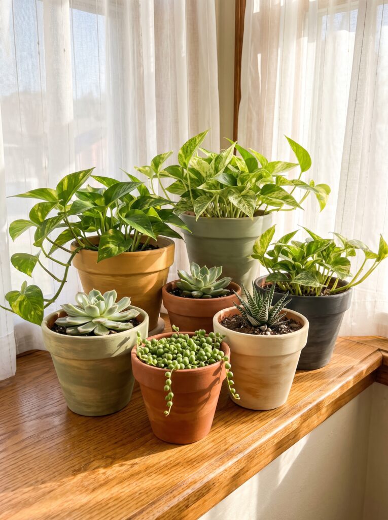 A windowsill cluster of terracotta and ceramic pots holding succulents, string of pearls, pothos, and a striped haworthia plant in warm sunlight