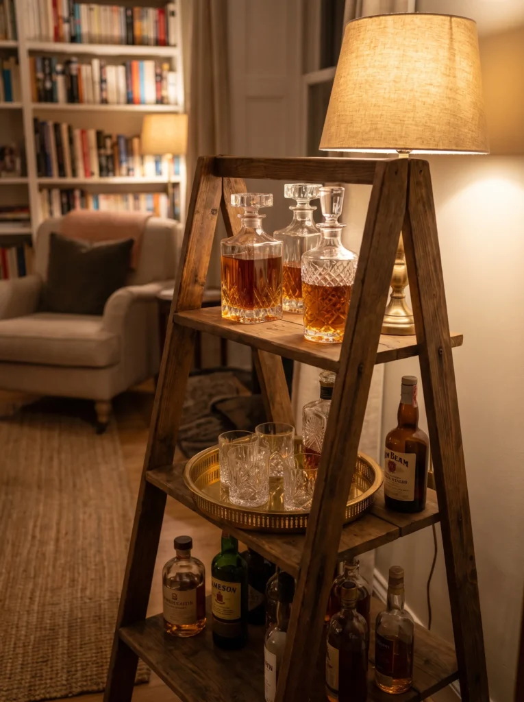 A wooden A-frame ladder repurposed as a bar cart, holding glass decanters filled with amber liquid, a brass tray with glasses, and bottles on the lower shelves