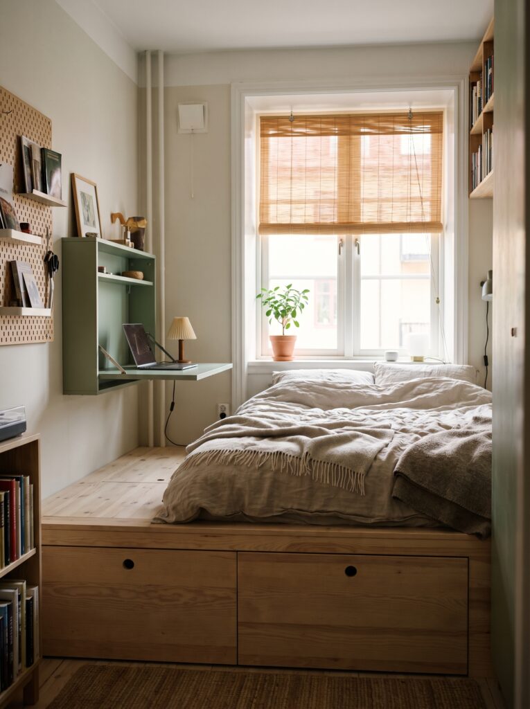 A compact apartment bedroom with a raised wood platform bed featuring built-in drawers underneath, a fold-down green wall desk, a bamboo woven window shade, and a small potted plant on the windowsill
