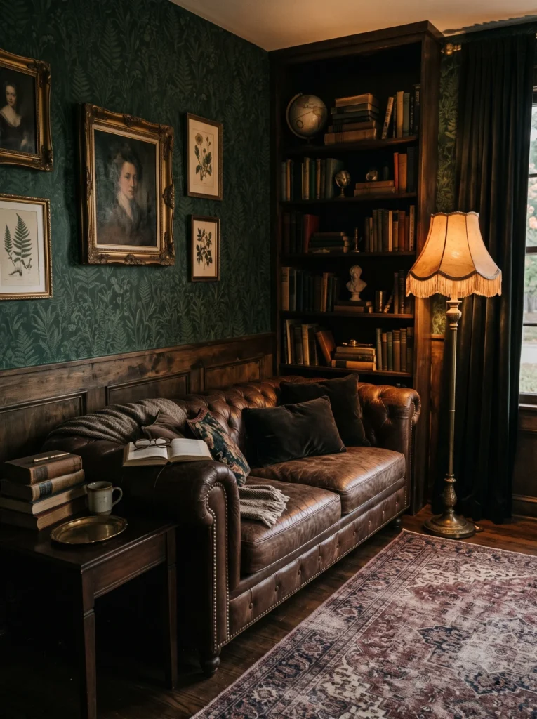 A brown leather chesterfield sofa against dark green botanical wallpaper with a brass fringed floor lamp