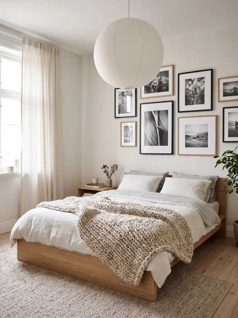 A Scandinavian bedroom with a light oak bed, chunky knit throw, paper lantern pendant, and black-and-white photography gallery wall