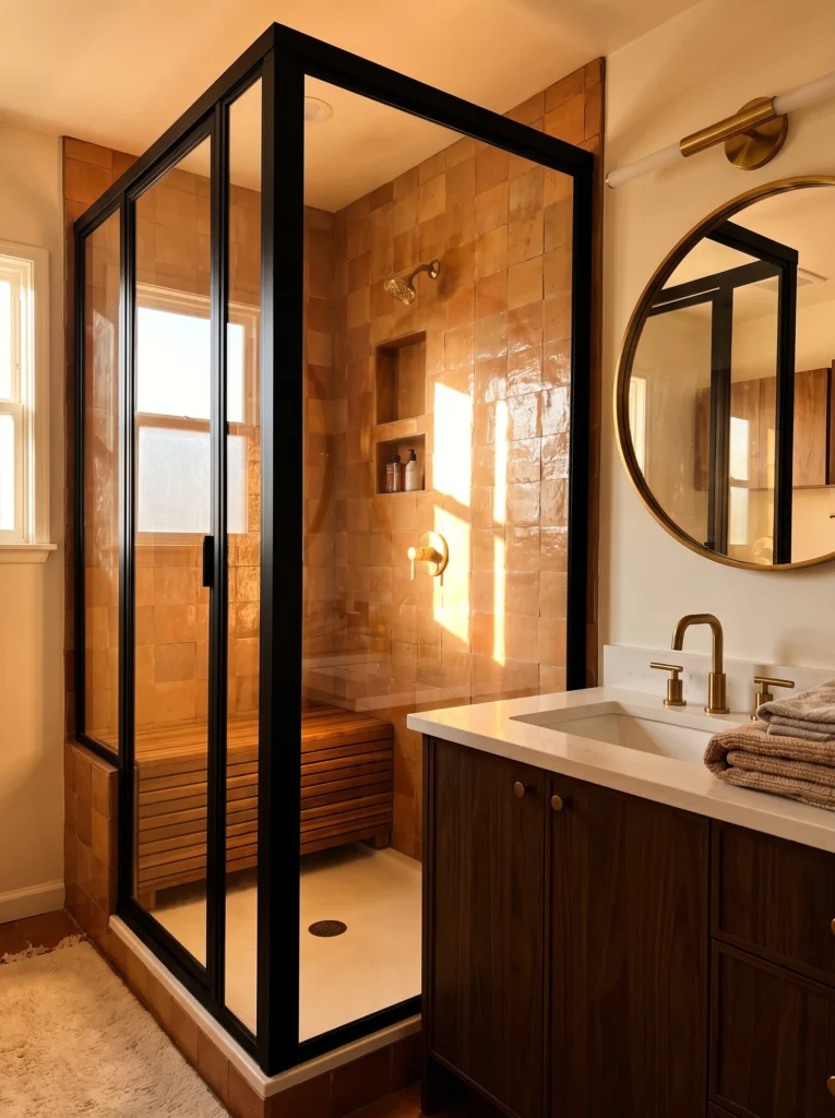 Glass shower enclosure framed in matte black metal with terracotta zellige tile inside, a teak bench, and brass vanity fixtures nearby