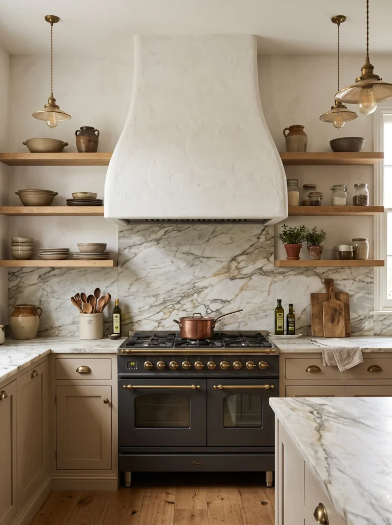 A kitchen with a large curved plaster range hood, marble slab backsplash, a black range with copper cookware, and open wood shelving on both sides
