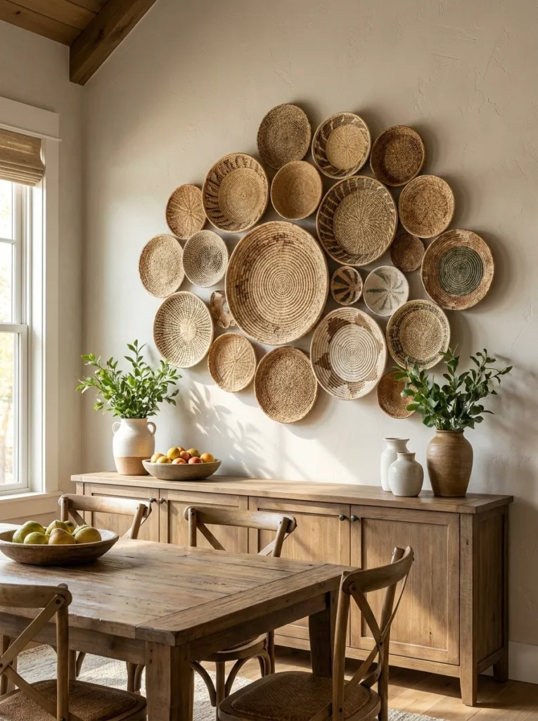 A large cluster of woven baskets in varying sizes arranged above a wooden sideboard in a dining room, styled with vases of greenery and a bowl of fruit