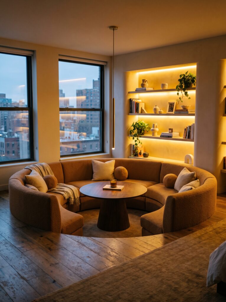 A round sunken seating area with a curved tan boucle sectional, a wood pedestal coffee table, and backlit bookshelves, overlooking a city skyline