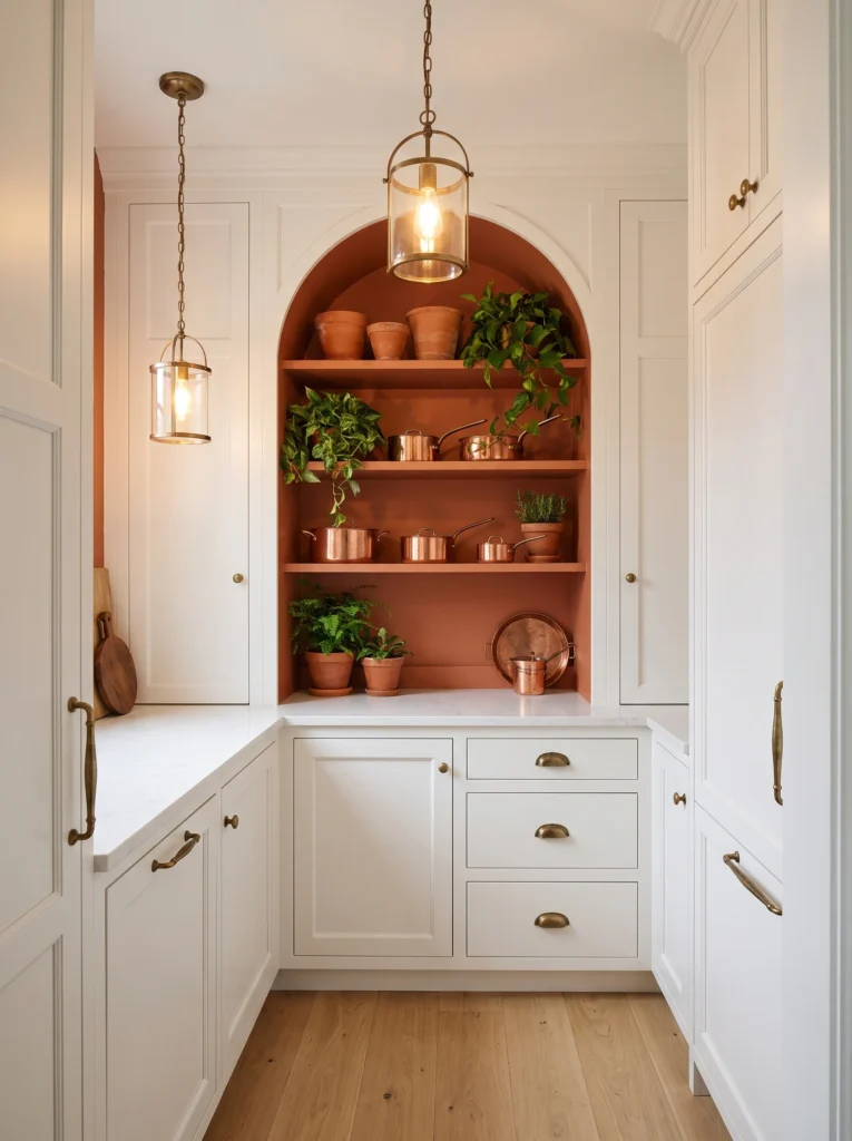 An arched terracotta-painted niche holds copper pots and trailing plants, framed by white cabinetry and brass pendant lanterns