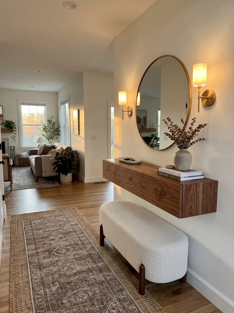 A floating walnut console table with a round brass mirror, connecting an entryway to a living room beyond