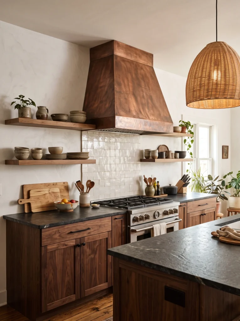 Kitchen with dark walnut cabinetry, black soapstone counters, hammered copper range hood over the stove, cream zellige tile backsplash, open wood shelving with pottery, and a woven rattan pendant light