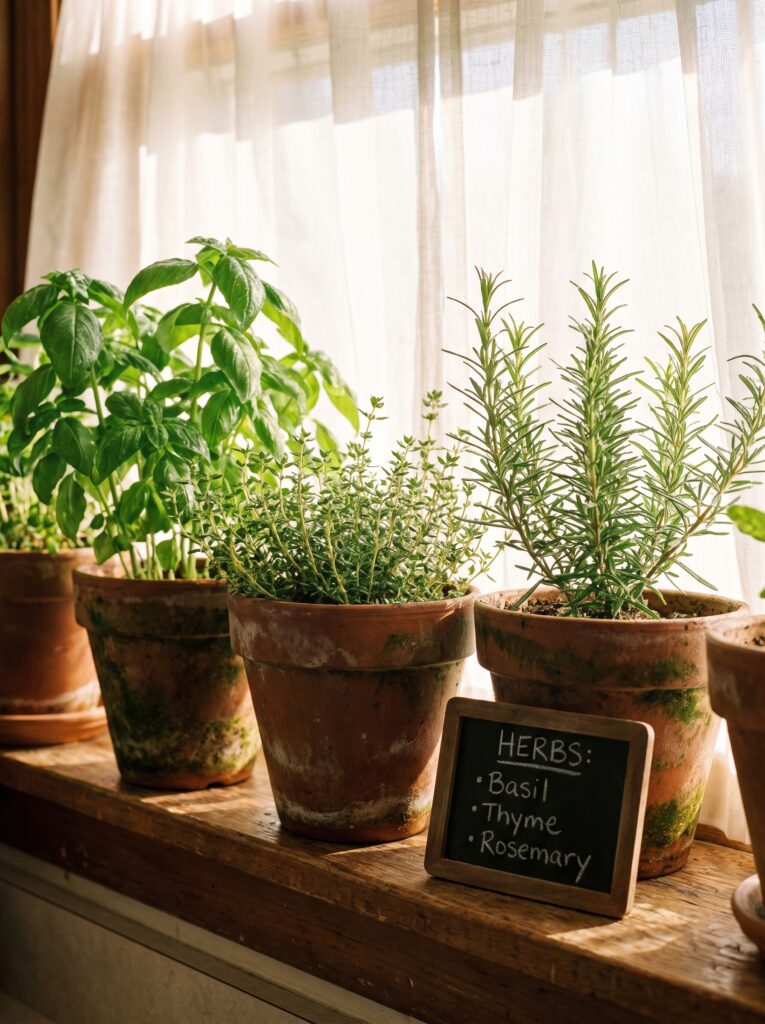 erracotta pots of basil, thyme, and rosemary lined up on a sunny windowsill, with a small chalkboard sign labeled Herbs listing each plant
