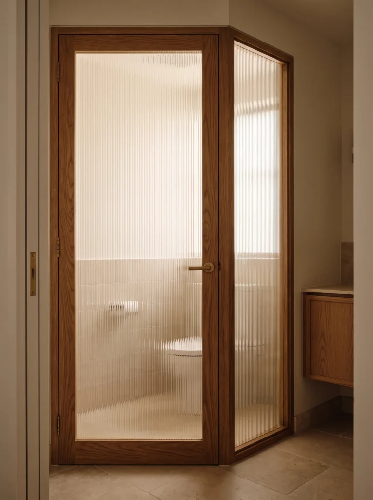 water closet enclosed by a reeded glass door in a warm oak wood frame, allowing soft light through while providing privacy