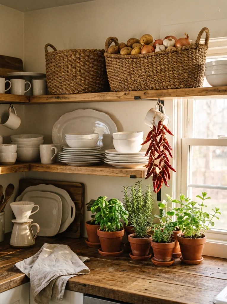 Rustic wood open shelves in a kitchen corner holding white stacked dishware, woven baskets filled with potatoes and onions, a string of dried red chili peppers, and a row of potted herbs including basil, rosemary, and mint on the counter below