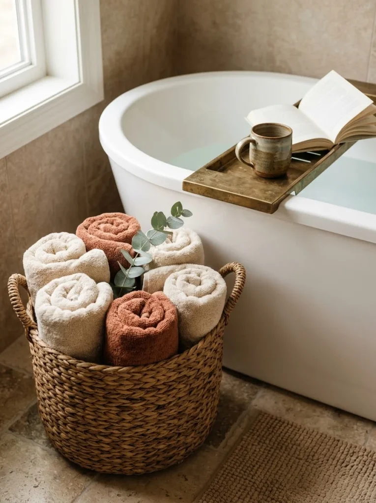 Woven seagrass basket beside a bathtub filled with rolled cream and terracotta towels and a eucalyptus sprig, with a wooden tray across the tub holding a book, mug, and candle
