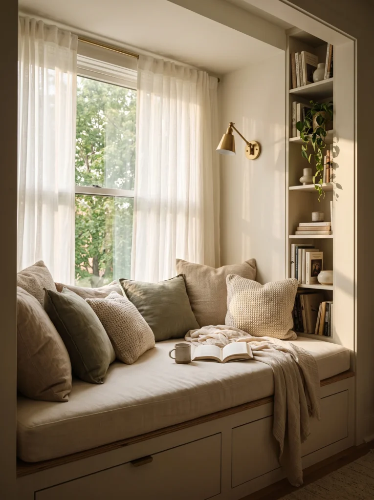 Studio apartment with a floor-to-ceiling curtain dividing a small sleep nook from the main living area, a round paper lantern pendant light, a low platform bed with neutral linens, and a small wooden stool as a nightstand