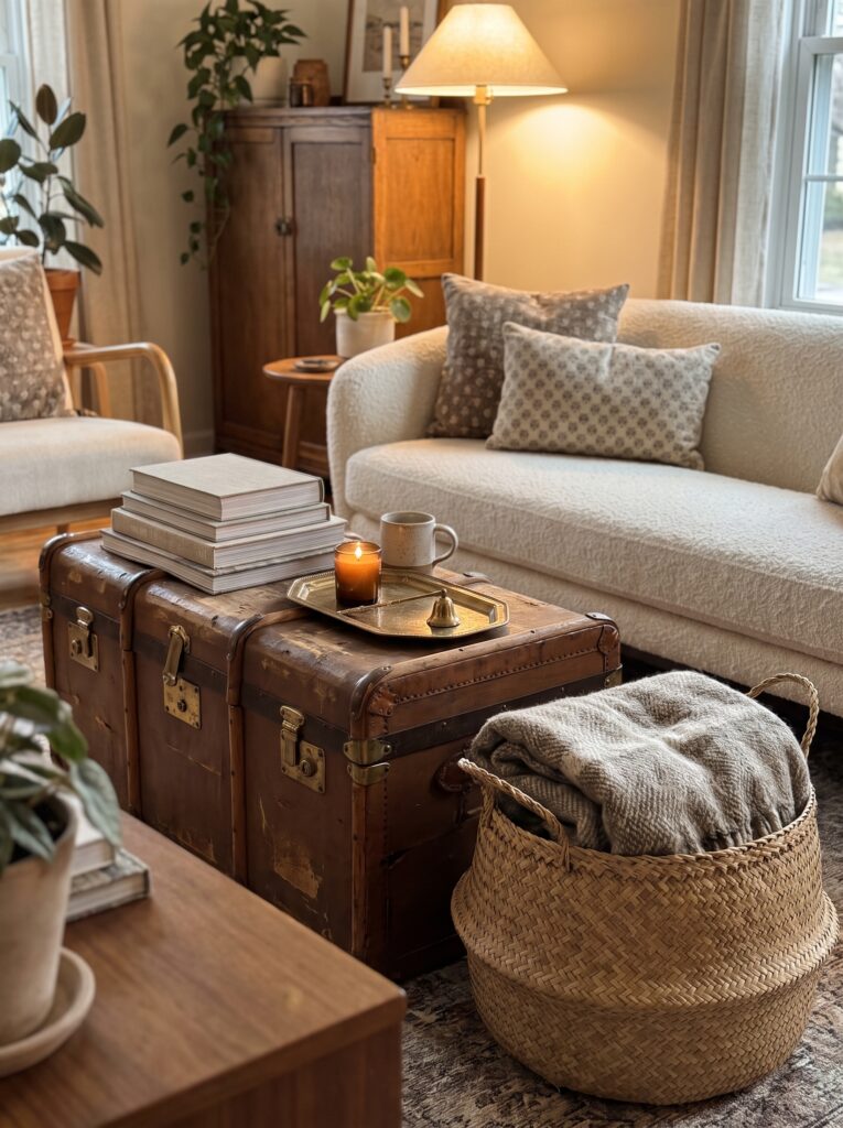 An old leather steamer trunk used as a living room coffee table, topped with stacked books, a brass tray, a lit candle, and a woven basket of throw blankets