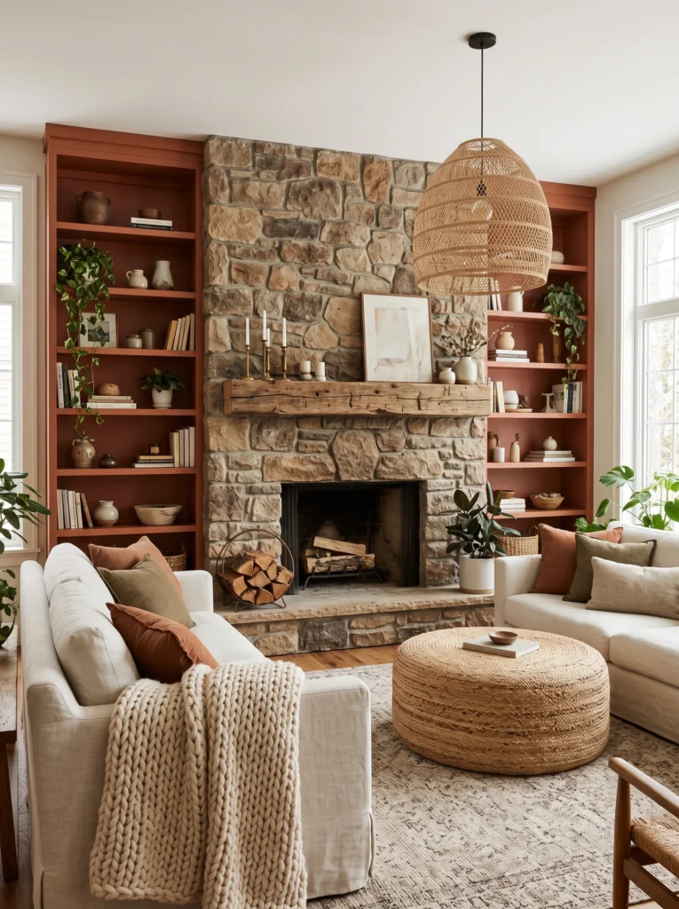 A stacked stone fireplace with a reclaimed wood mantel between terracotta built-in bookshelves