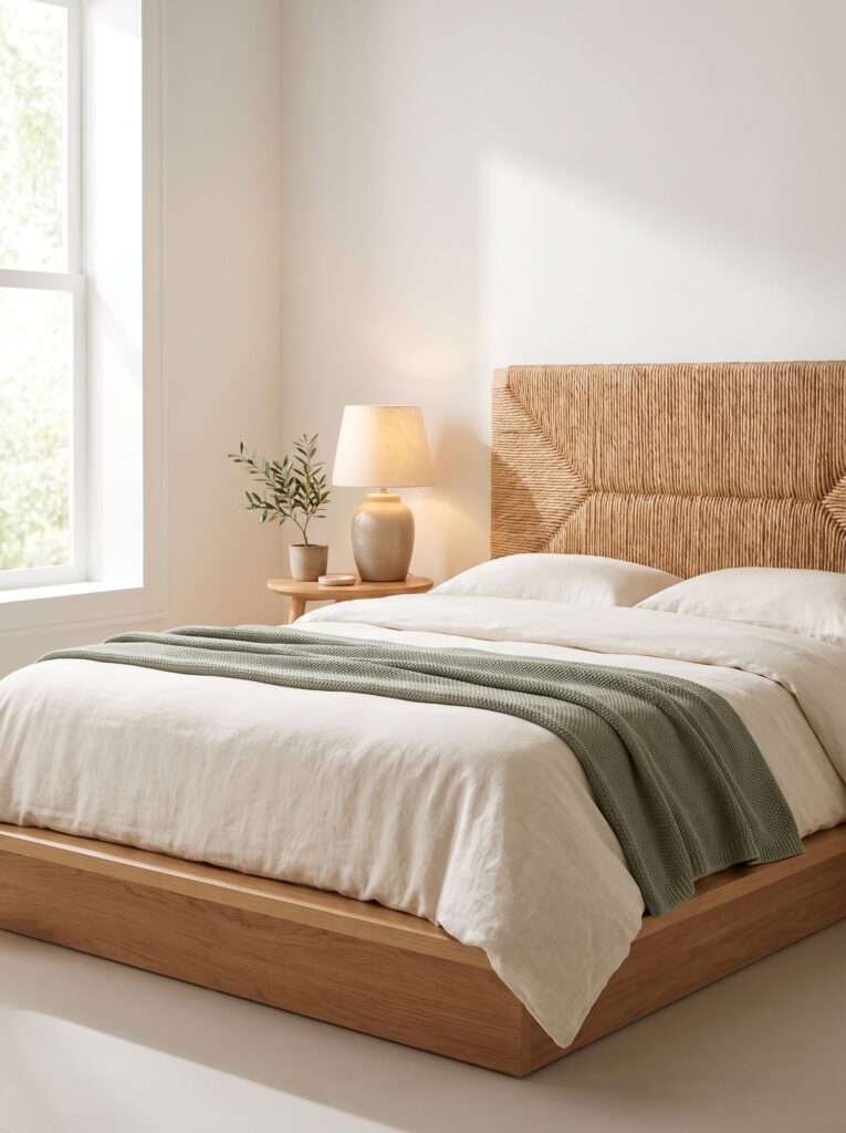 A serene modern bedroom with a low platform bed featuring a hand-woven rattan headboard, cream linen bedding, an olive green knit throw, and a ceramic lamp on a round wood nightstand