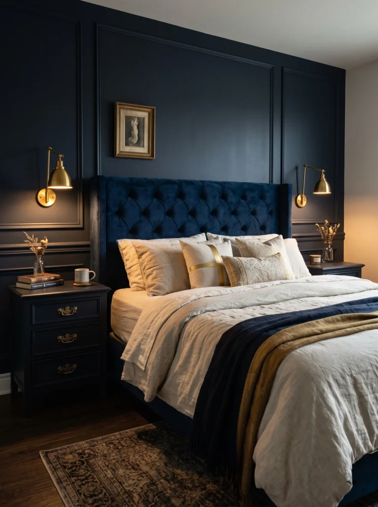 A moody navy blue bedroom with a tufted velvet headboard, brass reading sconces, and gold accent bedding