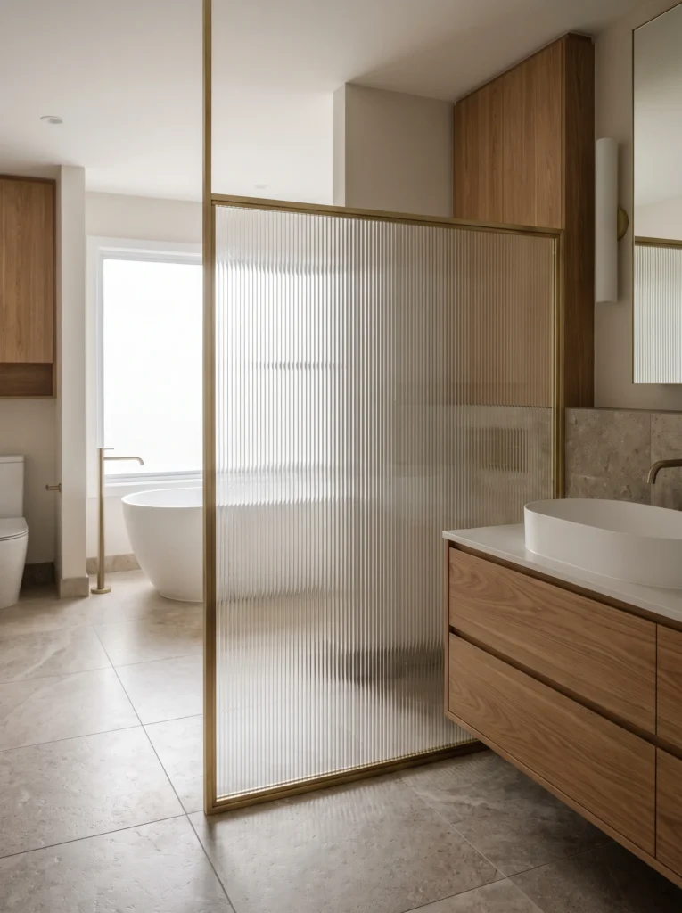 Half-height reeded glass partition in a brass frame separating a toilet area from a vanity, with a freestanding tub visible beyond