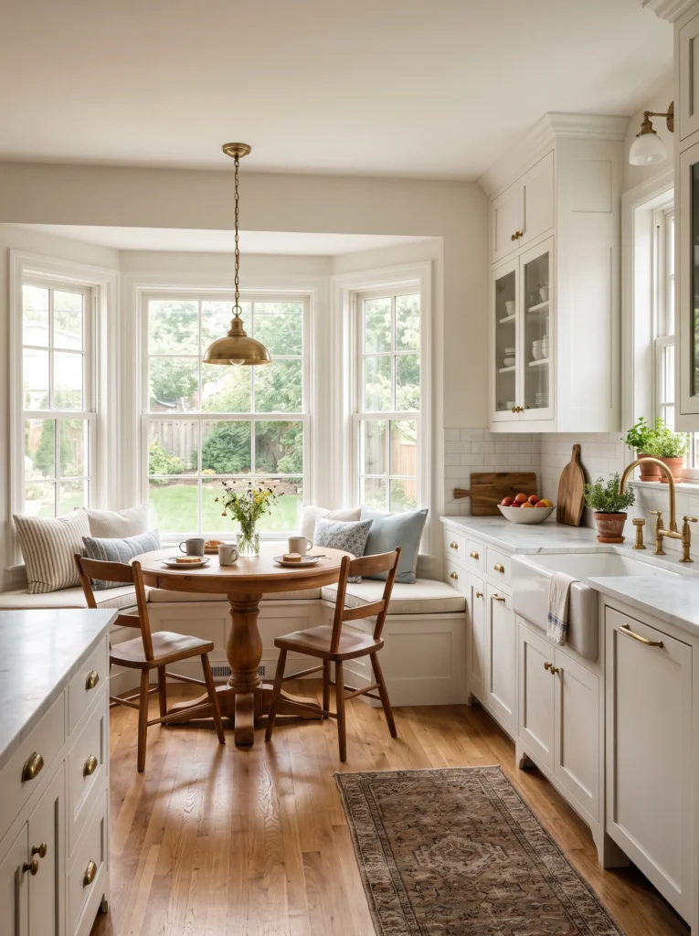 A white kitchen with a bay window breakfast nook, built-in bench seating, blue and white pillows, a round pedestal table, and brass fixtures