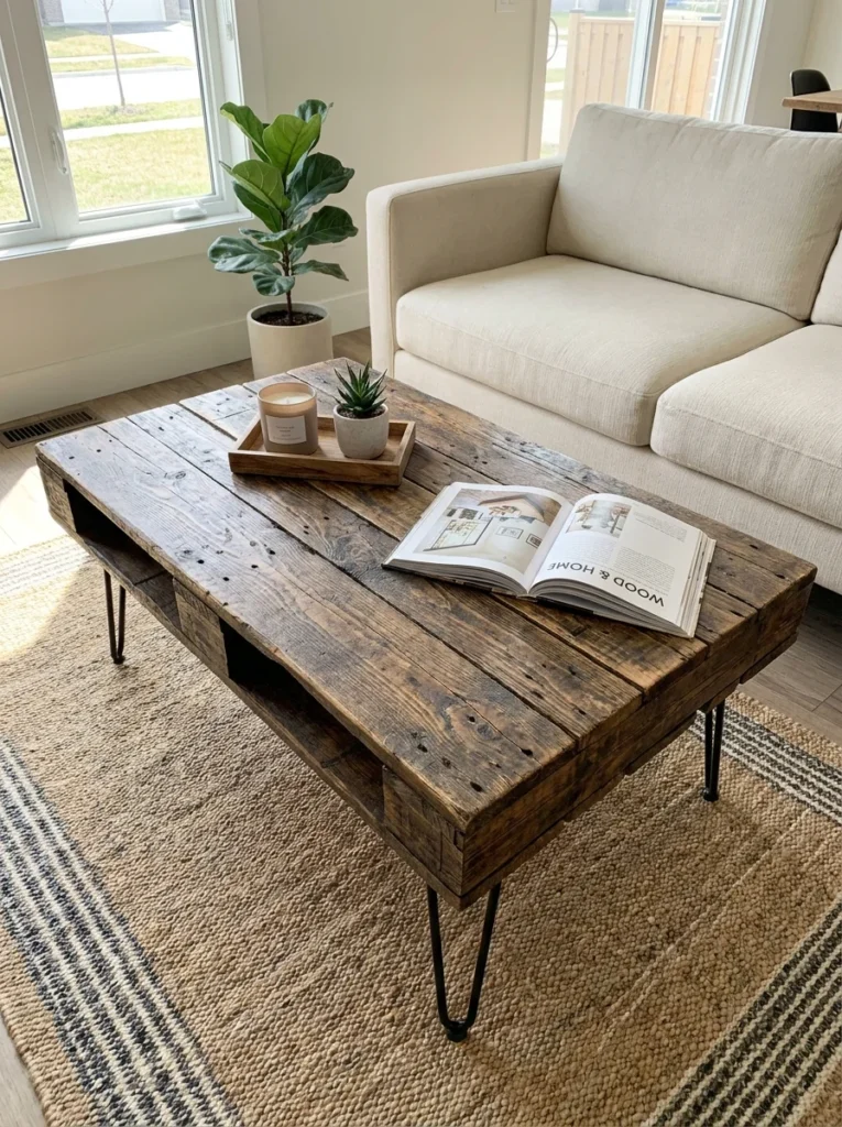 A coffee table built from stained reclaimed pallet wood on black hairpin legs, styled with a candle tray and an open book, set on a striped jute rug