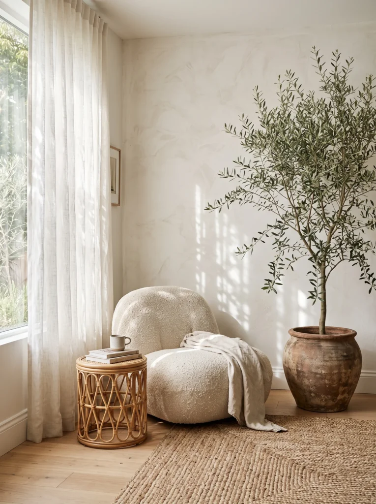 A minimalist reading corner with a boucle lounge chair, rattan side table, and a large olive tree in a terracotta pot