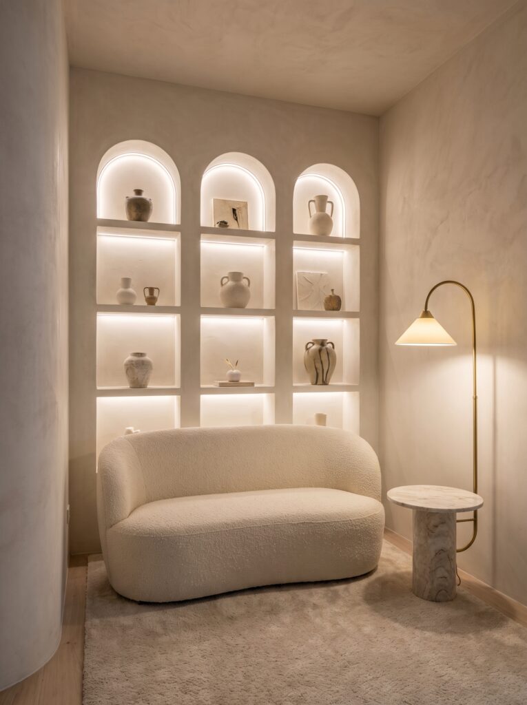 Three arched wall niches lit with warm LED strips and filled with ceramic vases, above a curved cream boucle loveseat and marble side table