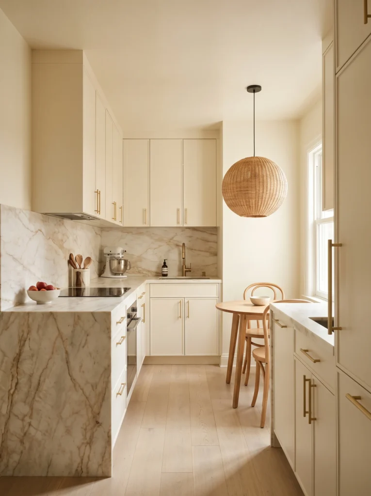 A small galley kitchen features cream cabinetry, a waterfall marble-look island, a rattan pendant light, and a round wood breakfast table