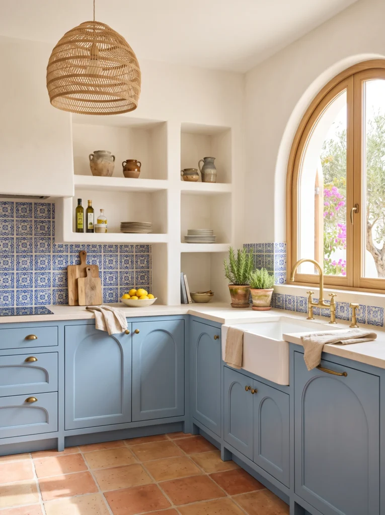 Mediterranean-style kitchen with blue arched cabinetry, terracotta tile flooring, blue and white patterned tile backsplash, built-in arched shelving nooks, arched wood window, and a woven pendant light